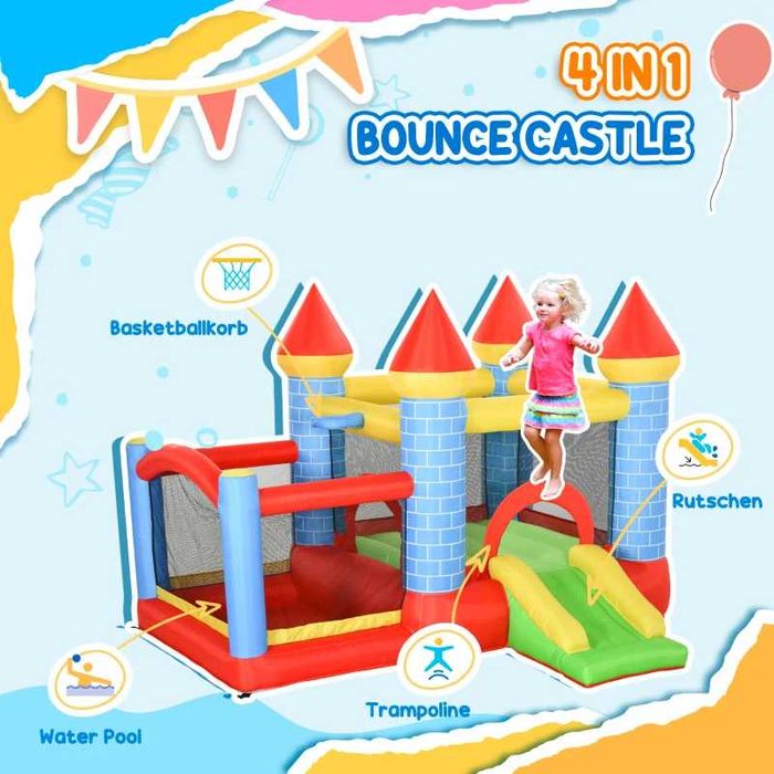 Castel gonflabil pentru copii cu tobogan, piscină și coș de baschet, 300 x 275 x 210 cm