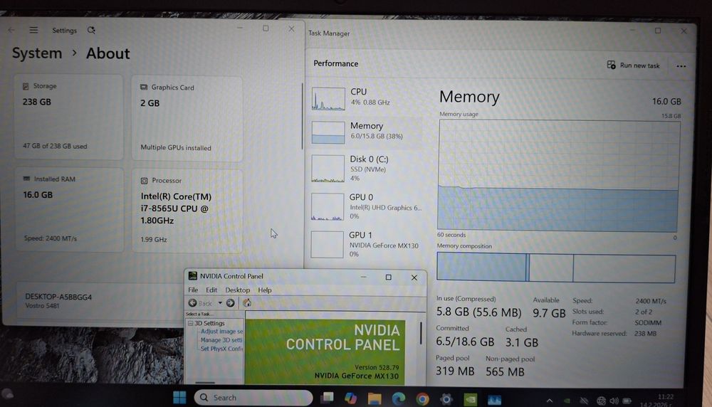 14' IPS Dell Vostro Core i7-8565U/16GB DDR4/NVIDIA MX130 2GB/256GB SSD