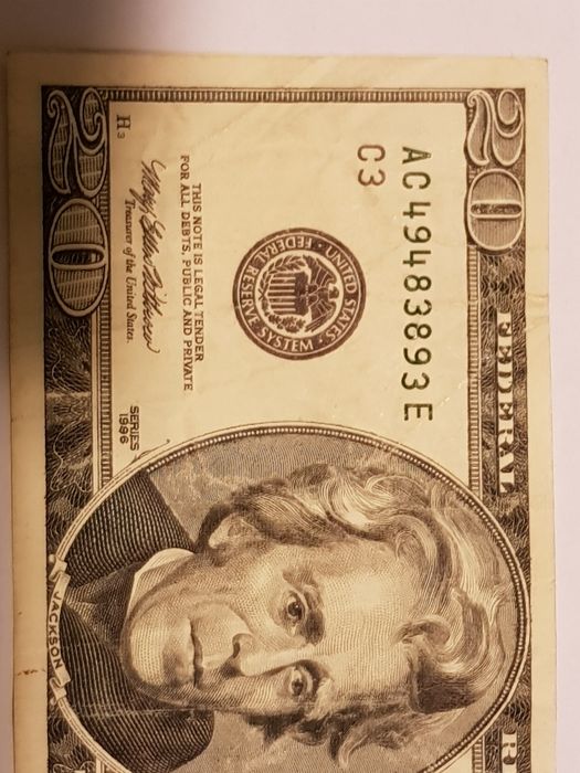 Много рядка 20 доларова банкнота с дефект при отпечатването