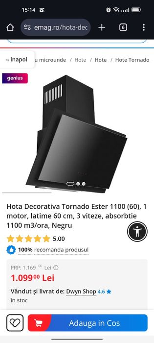 Hota Decorativa Tornado Ester 1100 (60), 1 motor, latime 60 cm, 3 vite