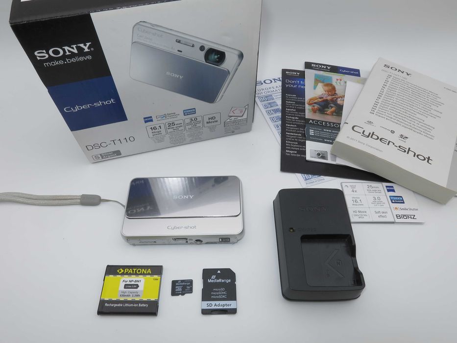 Sony Cyber-Shot DSC T110 ултра компактен и тънък цифров фотоапарат, сребърна дигитална камера с тъч скин, 16MP, пълен комплект в отлично състояние