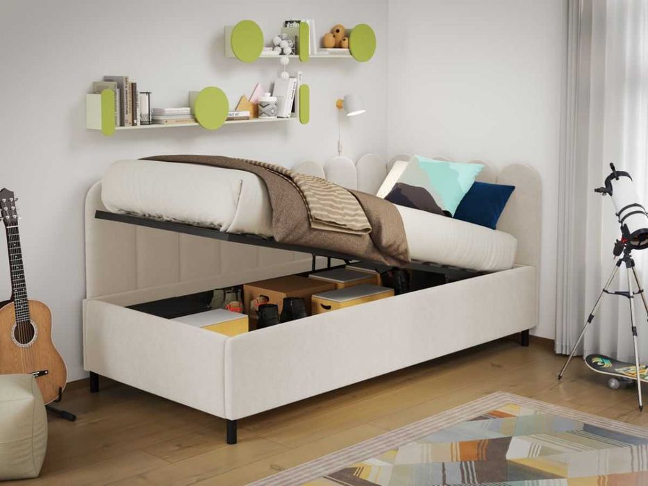 Pat de colt copii 90x190 cm, Ninio, cu lada de depozitare, rabatabil, C2 - Crem - Swing 1