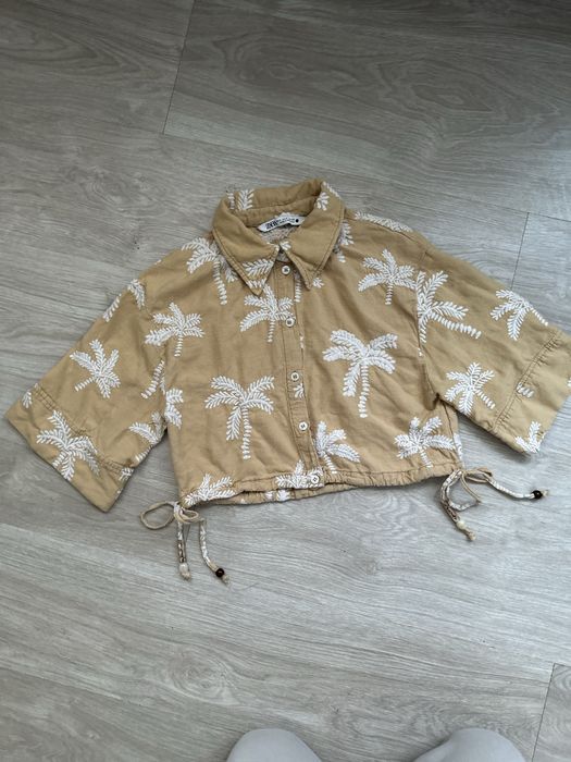 Къса ленена риза ZARA с бродерия на палми