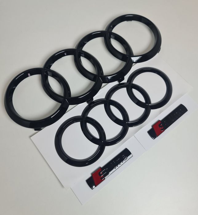 Pachet-Set-Embleme-Audi-Negre-Lucios-Fata-Spate+Embleme-Sline-Aripi-Sigla-Logo-Stema-A3-A4-A5-A6-A7-A8-Q3-Q5-Q7-Q8-Inele-Cercuri-Toate-Dimensiunile