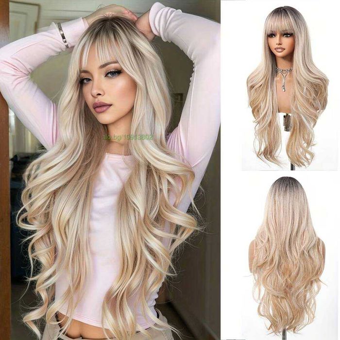 Ефектна руса перука с омбре преливане, тъмни корени и бретон