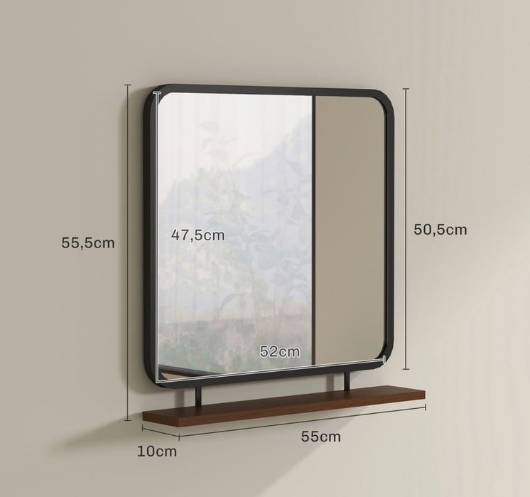Стенно огледало с дървен рафт 55х55