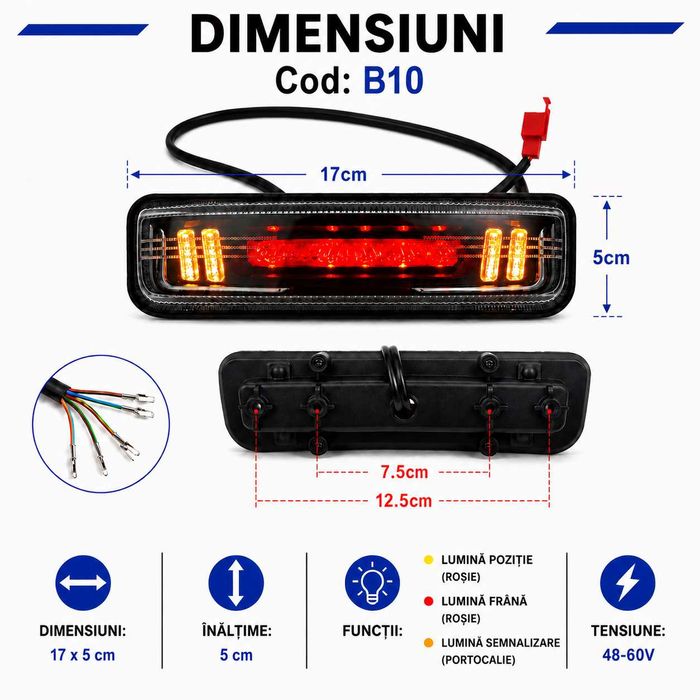 Lampă Stop LED Universală 48-60V cu Semnalizare, Frână și Poziție pentru CityCoco și Scutere Electrice – B10