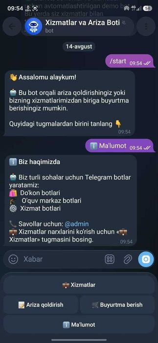 Biznes va do'konlar uchun Telegram bot yaratish (Ariza va Buyurtma)