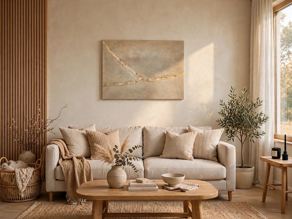 Tablou Abstract Modern 100x70 cm Bej & Gold Kintsugi - Texturat 3D - Unicat