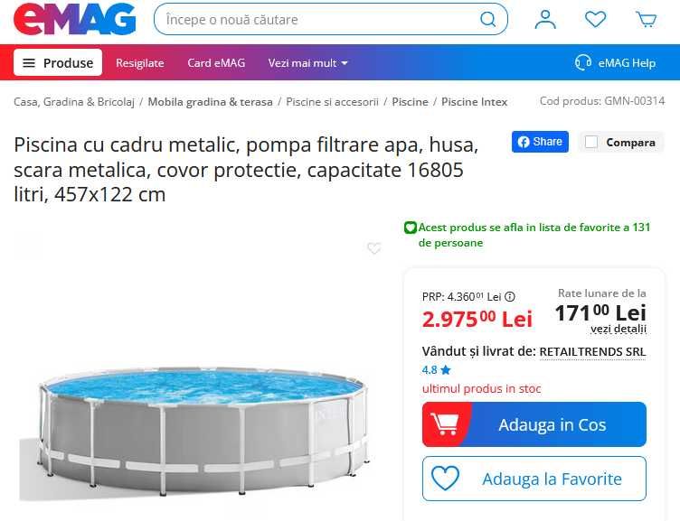 Piscina Intex cu cadru metalic capacitate 16805 litri, 457x122 cm