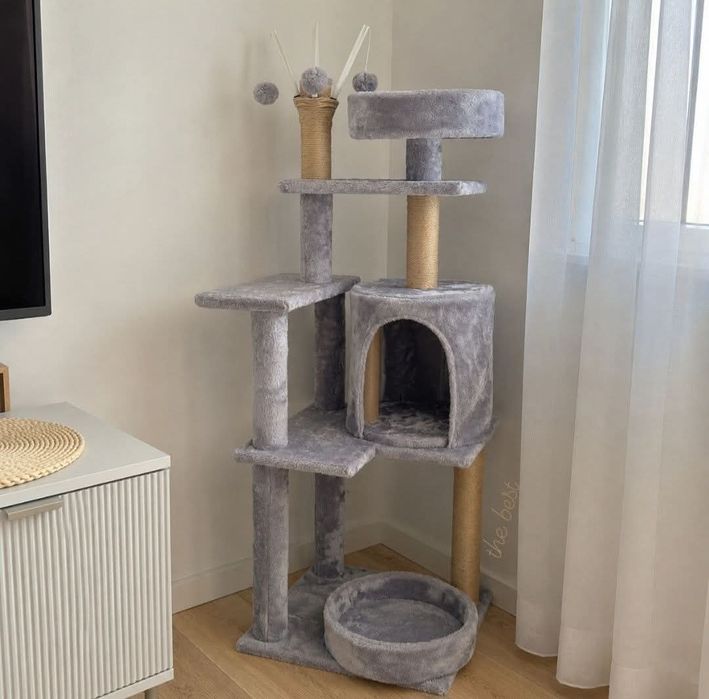 Голяма катерушка за котки XL 127 см – Драскалка с къщичка, легла и 5 нива