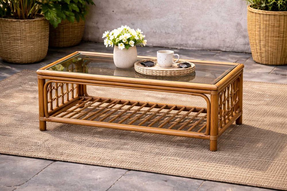 Masuta de cafea din ratan cu blat de sticla fumuriu; Blat 108x53 cm