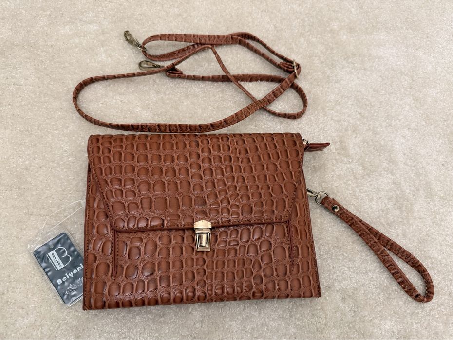 Geanta de umar/ crossbody Beiyani - piele ecologica croco, maro/cognac