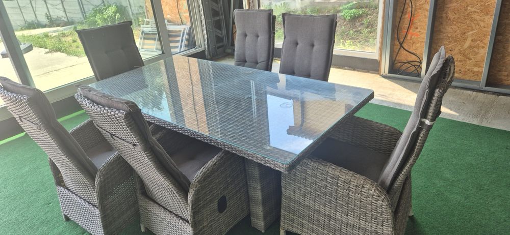Set mobilier grădină premium – Masă + 6 scaune rabatabile, blat sticlă