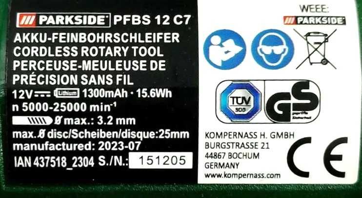 Masina de gaurit, slefuit fin, cu acumulator - 12V Parkside PFBS 12 C7
