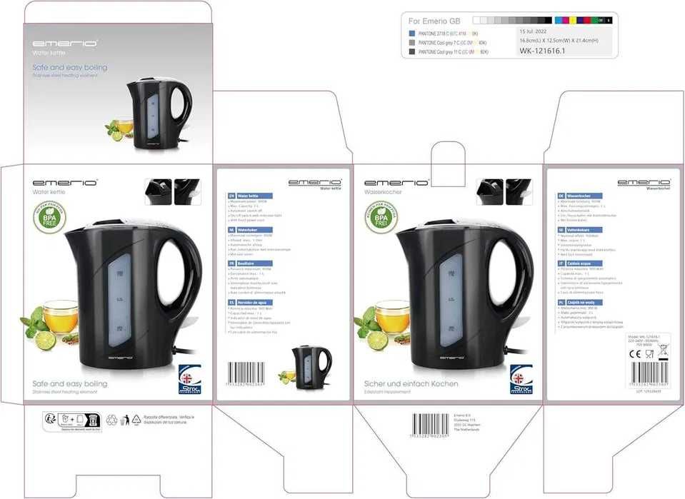 Emerio WK-121616.1 Кана за вода, 1 литър, 900 вата, черен, за пътуванe