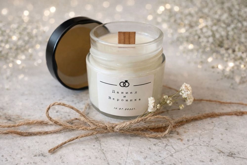 Ароматна соева свещ в бурканче, персонализирана, подарък за гости