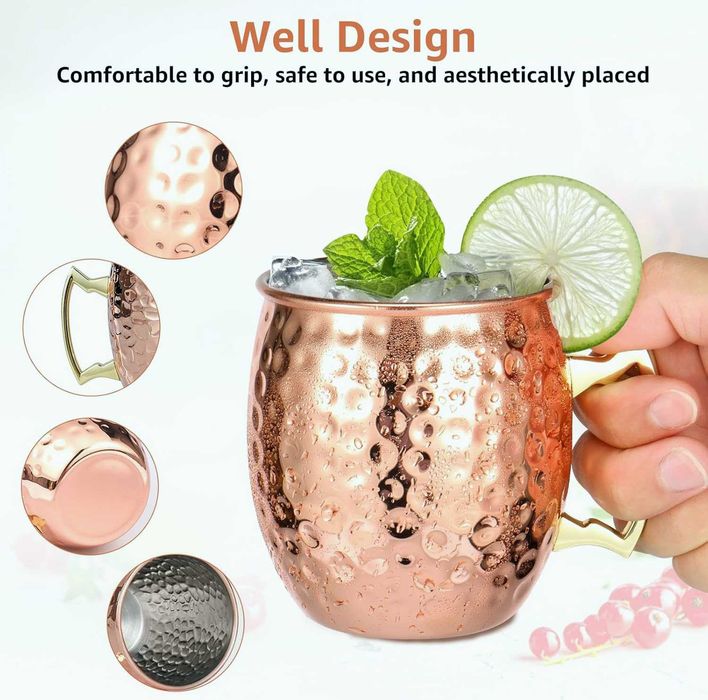 Нови медни чаши с дръжки, 100% чист мед, Moscow Mule, 2 броя в цената!