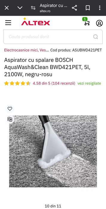 Aspirator cu spalare BOSCH AquaWash&Clean BWD421PET, 5l, 2100W, rosu