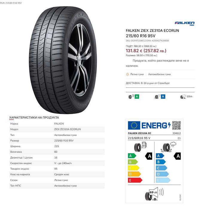 Летни гуми Falken Ziex ZE310A R16 215/60 - 4 бр