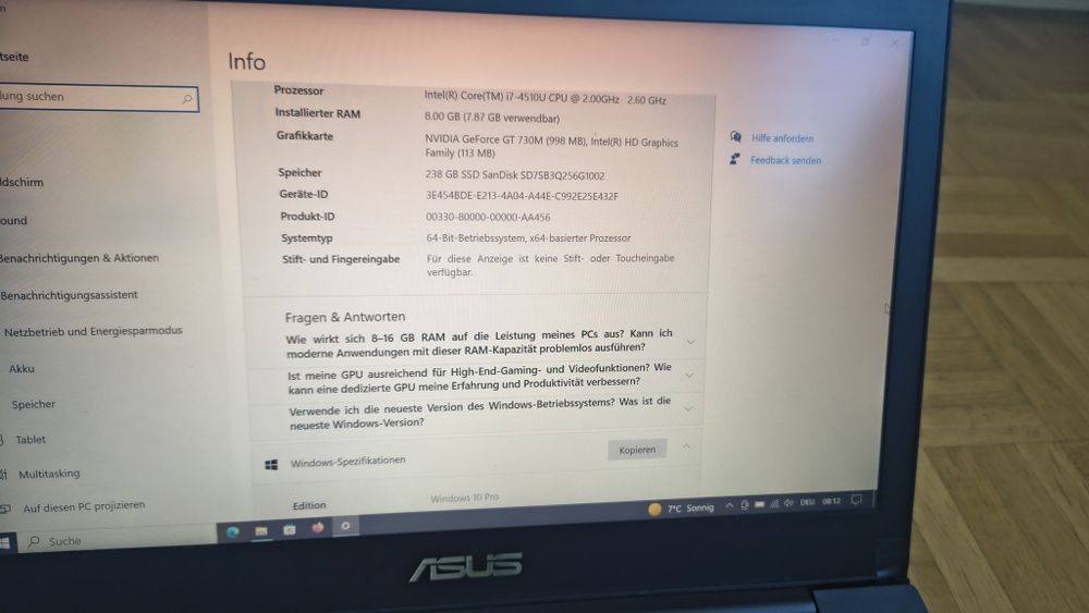Asus Notebook i7 8GB RAM