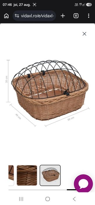 Coș frontal bicicletă cu capac, 50x45x35 cm, salcie naturală