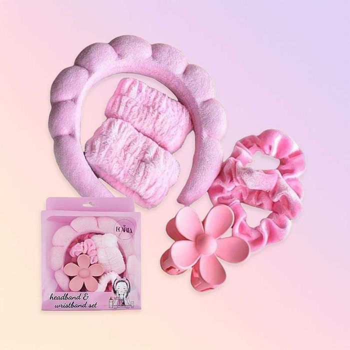Козметичен комплект – лента за коса, гривни за китки, ластици и шнола