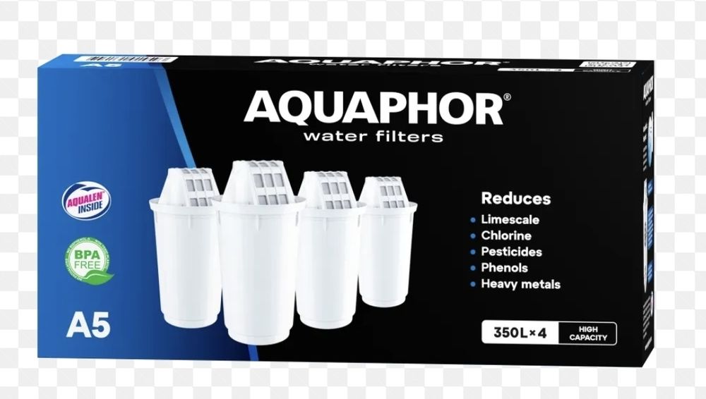 Комплектът сменяеми филтри за вода Aquaphor A5 (4 броя в опаковка) е с общ капацитет до 350 литра на патрон за ефективно пречистване на чешмяна вода