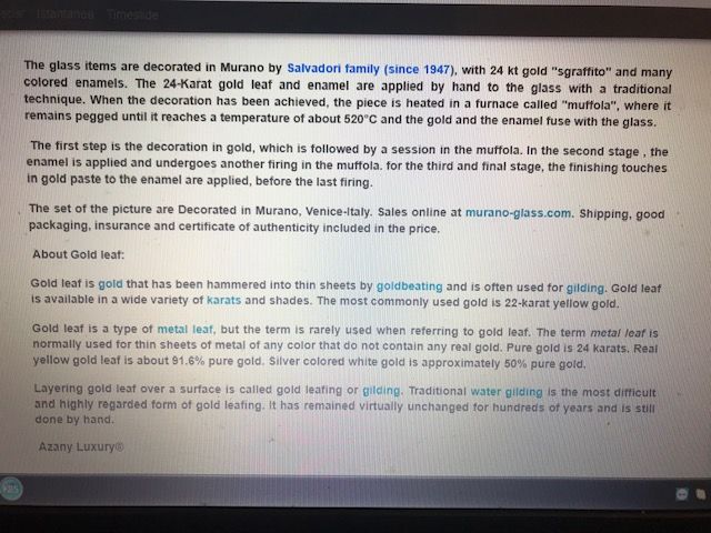 Set de vin sau cognac sticla de Murano cu foita de aur de 24K aplicata