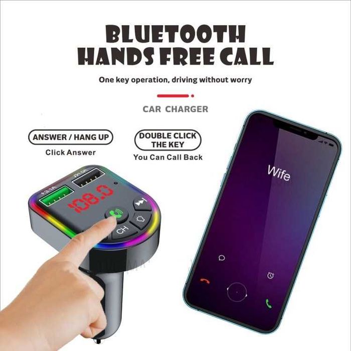 Блутут трансмитер за кола F5, с волъметър, зарядно, флашка, хендсфри