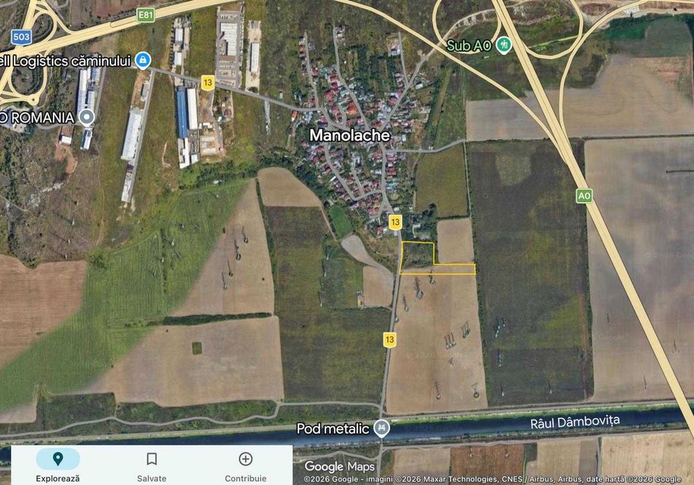 Teren intravilan 10.300 mp, 58€/mp, PUZ servicii/comerț/depozitare, front 90 m, lângă A2/A0, utilitati la poarta, curent tras 380V