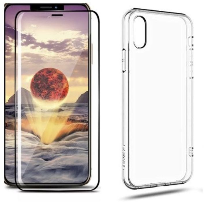 Iphone X XR XS MAX Husa Silicon Clara/Neagra Mata + Folie Sticla