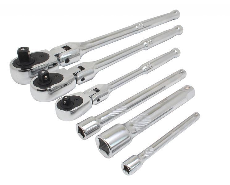 Комплект 6 части, ключове с тресчотка 1/4" – 3/8" – 1/2" с 180° гъвкав