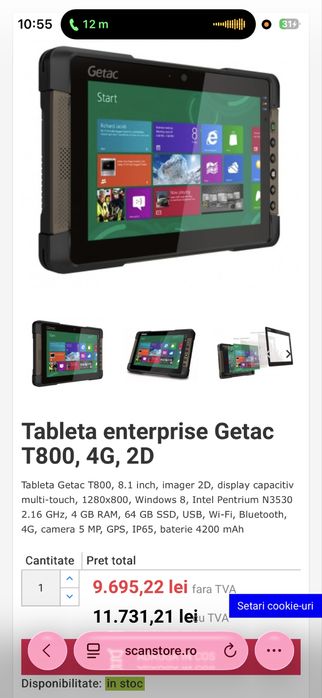 Schimb cu trotineta Getac t800 tableta windows 10 pro ga heavy duty 4g+ rfid  tanc industrial