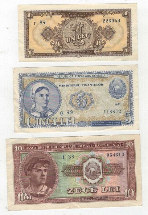 Lot bancnote Romania - 1,5,10 lei 1952