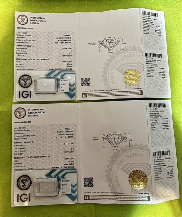 Diamante naturale certificate IGI – 0.13 ct și 0.11 ct (E/F, SI2)