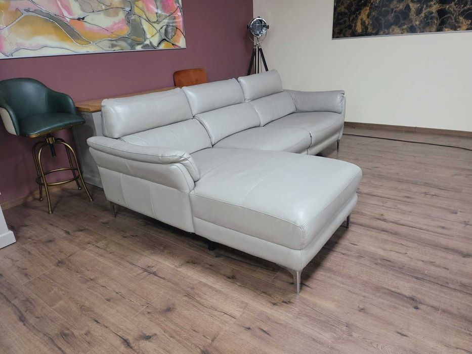 Сив кожен ъглов диван с електрически релакс механизъм