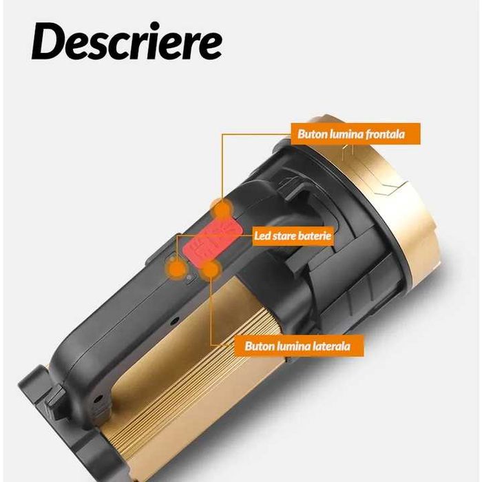 Led фенер 10W с батерия, USB зареждане, странична светлина KJ6801