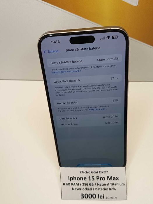 Iphone 15 Pro Max 256GB Natural Titanium/Neverlocked/Baterie: 87% ID10217