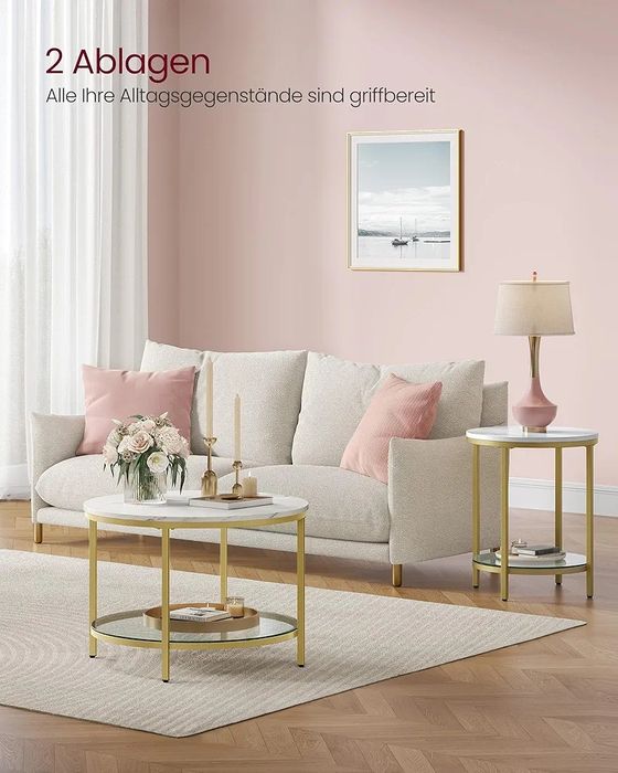 Măsuță de cafea cu efect de marmură și cadru auriu