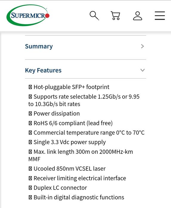 Transceiver Supermicro  10G 300m MMF LC AOC-E10GSFPSR SFP+
