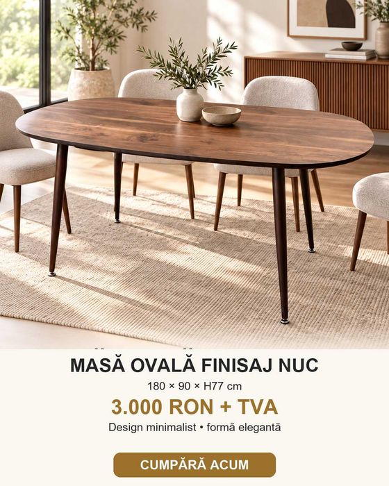 Masă dining ovală 180x90 cm, lemn nuc