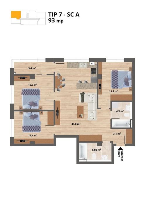 Proiect NOU -- Sun Residence -- Apartament 4 camere - TIP 7 - 93 Mp