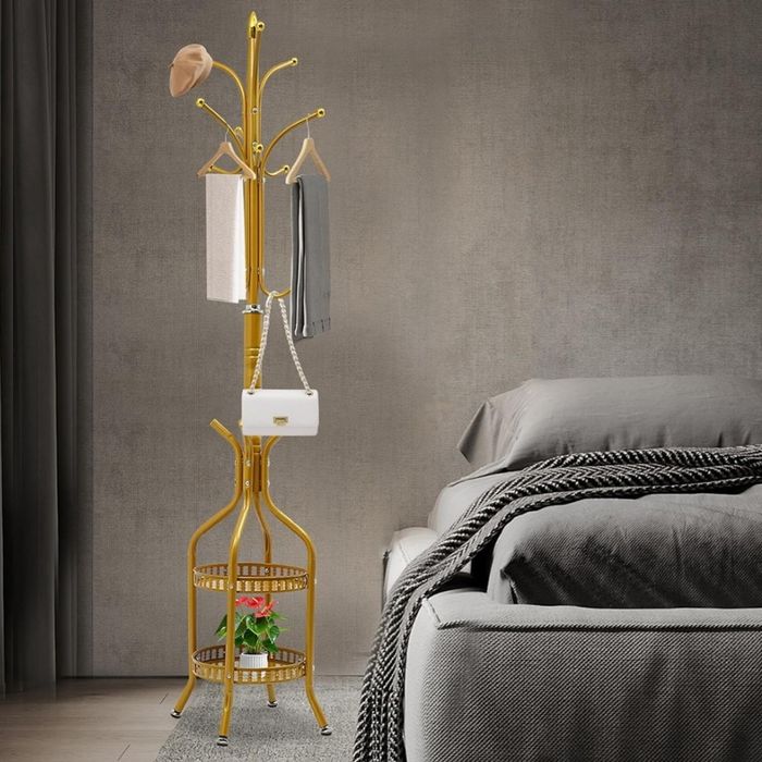 Cuier metalic 31x31x185 cm design modern auriu cu cos depozitare sarcina 15 kg