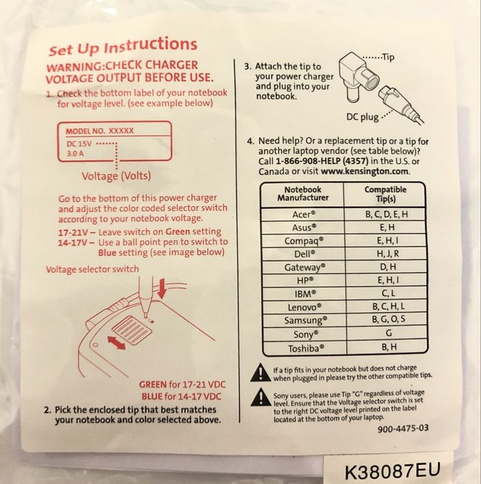 Захранващ адаптер Kensington за лаптоп, компютър, с USB порт, внос от