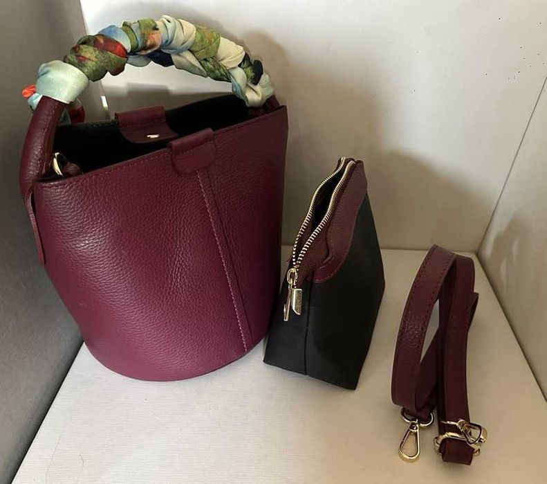 Елегантна малка чанта с копринен шал, 100% естествена кожа, Италия