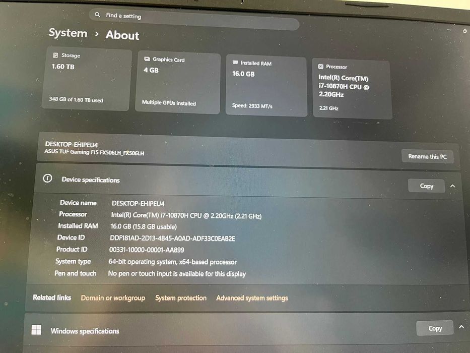 ASUS TUF Gaming F15 FX506LH — i7-10870H, GTX 1650, 16GB RAM, 1.6TB