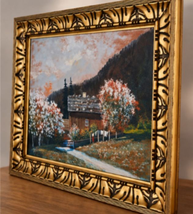 Стара алпийска картина „Aus dem Prättigau“ – маслени бои, Швейцария, 60 × 45 см
