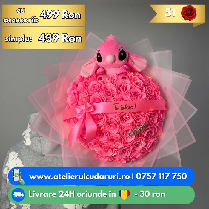Buchete de flori cu Stitch Roz & Albastru | Livrare in 24h