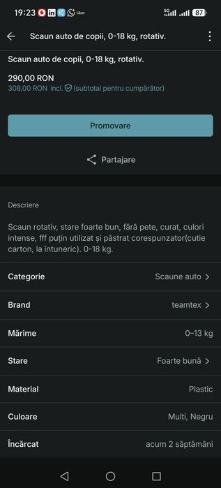 Scaun auto copii 0-18 kg stare foarte bună